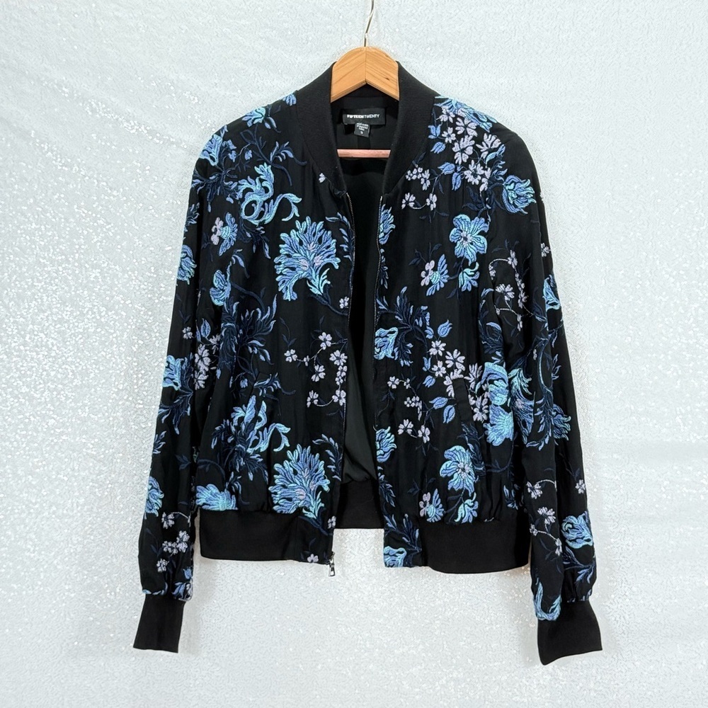Fifteen Twenty Black and Blue Floral Embroidered long sleeve boho/ jacket